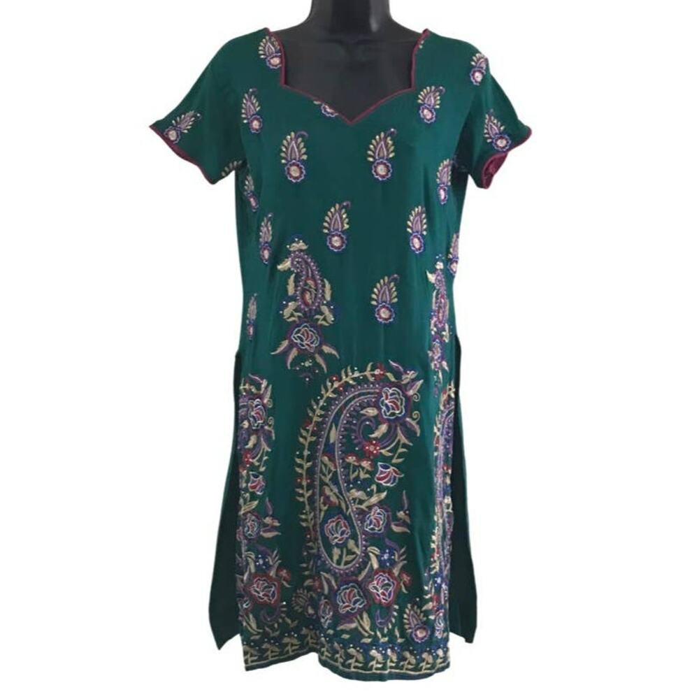 Embroidered Green Dress, Paisley Print Dark Green Indian Sari Inspired Small